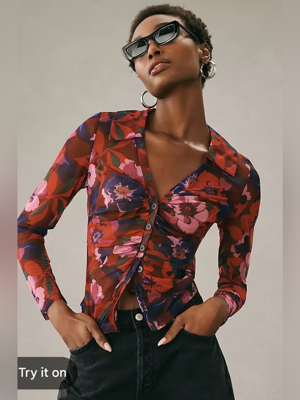 Maeve by Anthropologie Sheer Ruched Button down Blouse